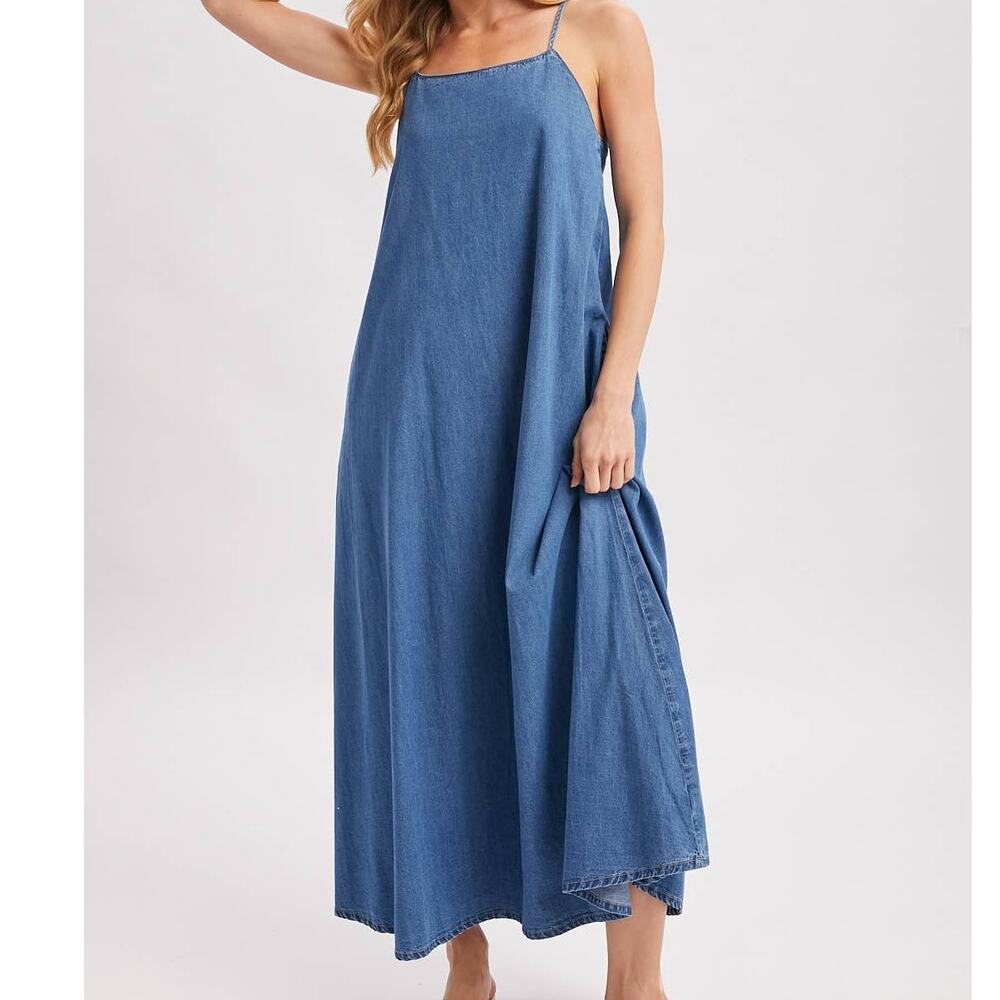 Denim Chambray Open Back Maxi Dress - Sleeveless Tent Dress with Pockets - Picture 4 of 10